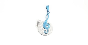Detailed macro view of musical note pendant with blue plating and love you engraving