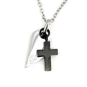 Titanium steel necklace with silver wing pendant engraved True and matte black cross