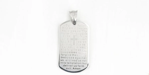 Detailed macro view of silver steel military dog tag pendant with engraved Lord's Prayer