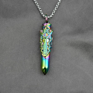Rainbow plated titanium steel dragon bullet urn necklace with shield relief and chain