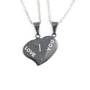 Minimalist heart and key couple necklace in black titanium steel with I LOVE YOU engraving