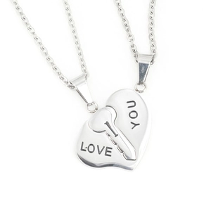 Couples heart puzzle pendant necklaces in silver steel with LOVE YOU engraving