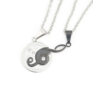 Couples musical note pendant necklace set in stainless steel with I love you engraving