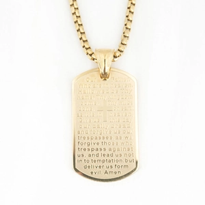 Golden titanium steel dog tag necklace with engraved Lord's Prayer and cross pendant