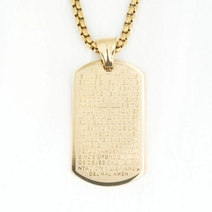 Gold stainless steel cross dog tag necklace with engraved Spanish Lord's Prayer text
