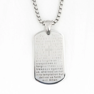 Sleek stainless steel Lord's Prayer cross tag necklace with classic bead chain