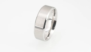Detail of brushed matte titanium steel ring with polished bevel edges and silver finish