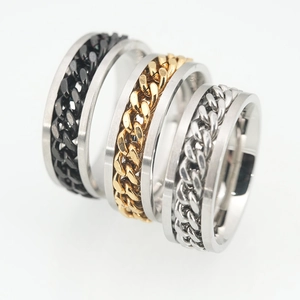 Stainless Steel Rotating Chain Spinner Ring For Men Women Punk Industrial Style Stress Relief Geometric Finger Jewelry