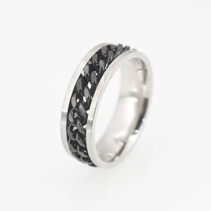 Men's fashion titanium steel ring with rotating black center chain design