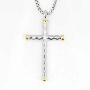 Collier avec pendentif croix texture bambou argent et accents dorés pour homme