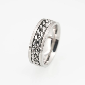 Mens stainless steel spinning chain ring with punk industrial style and silver finish
