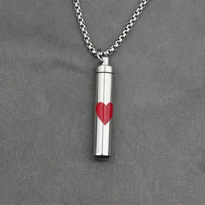 Stainless Steel Openable Cylindrical Cremation Urn Necklace Red Heart Memorial Ash Pendant For Men Women Jewelry
