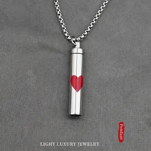 Stainless Steel Openable Cylindrical Cremation Urn Necklace Red Heart Memorial Ash Pendant For Men Women Jewelry