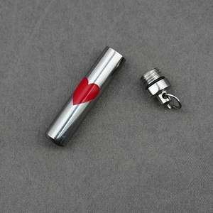 Cylindrical stainless steel cremation pendant necklace with red heart for memorial