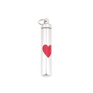 Polished silver stainless steel cylinder pendant necklace with a red heart design