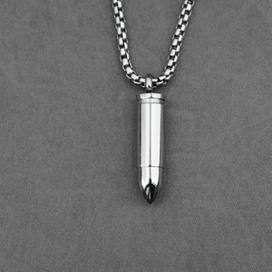 Polished silver bullet pendant necklace for men with durable stainless steel box chain