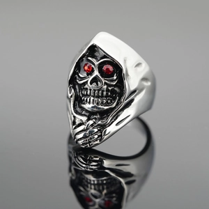 Gothic Grim Reaper Skull Ring Titanium Steel Retro Punk Band Red Rhinestone Eyes Inlaid Skeleton Finger Ring For Men Jewelry