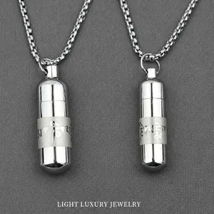 Vintage Titanium Steel Openable Cylinder Urn Necklace Sanskrit Carved Perfume Bottle Capsule Pendant For Men Women Jewelry