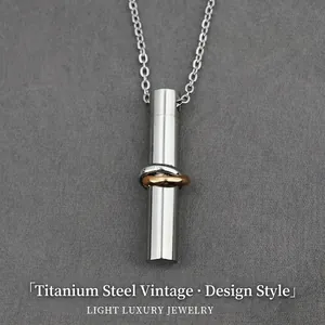 Polished Titanium Steel Cylinder Pendant Necklace Interlocking Rings Memory Engraving Men Women Fashion Memorial Jewelry Accessory