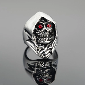 Gothic punk skull ring with red rhinestone eyes in polished silver stainless steel