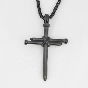 Industrial black stainless steel nail cross necklace with box chain for men and women