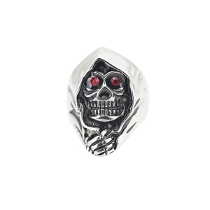 Gothic skull ring for men in retro silver steel with red zircon eyes and reaper design