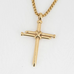 Golden nail cross pendant necklace for men with durable stainless steel box chain