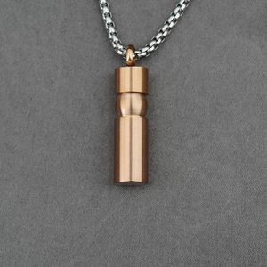 Cylindrical brushed titanium steel urn necklace pendant with a silver box chain
