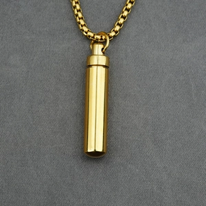 Polished gold titanium steel cylindrical urn necklace with box chain for ashes