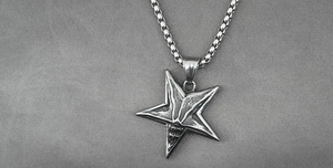 Detail view of gothic skull pentagram pendant on square pearl chain in vintage steel