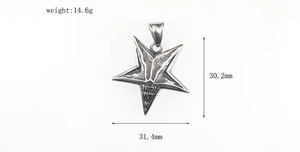 Macro detail of vintage steel pentagram skull pendant showing size and weight specs