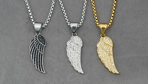 Detailed comparison of feather necklaces in silver, gold, and black zircon finishes