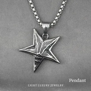Gothic Baphomet Pentagram Skull Pendant Titanium Steel Necklace Punk Rock Men Vintage Distressed Jewelry Pendant