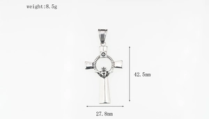 Detailed view of Claddagh Celtic cross pendant with 42.5mm height and 8.5g weight info