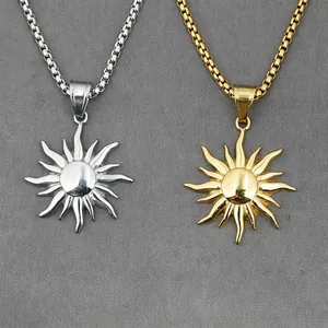Vintage Distressed Titanium Steel Sunburst Pendant Necklace Distressed 316L Stainless Steel Box Chain Sunflower Necklaces For Men