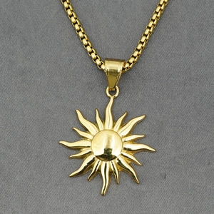 Vintage 316L stainless steel gold sun pendant necklace with sturdy box chain for men