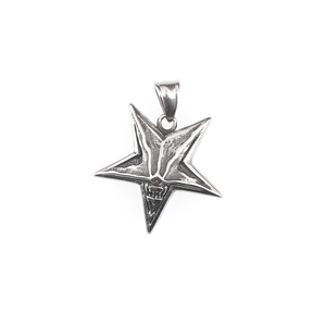 Vintage gothic pentagram skull pendant necklace in oxidized stainless steel
