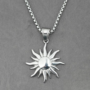 Vintage polished stainless steel sun flower pendant necklace with elegant box chain