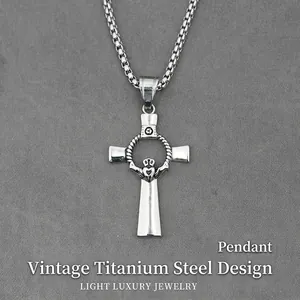 Vintage Celtic Claddagh Cross Pendant Necklace For Men Women Titanium Steel Retro Heart Hands Crown Religious Pendant Jewelry