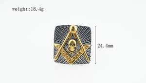 Detailed macro view showing the Masonic square, compass, and skull on the silver steel ring