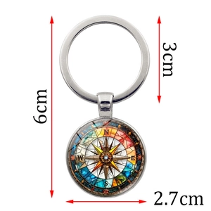 Vintage compass keychain pendant with colorful stained glass pattern and metal ring