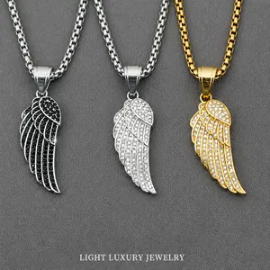 Hip Hop Stainless Steel Angel Wing Pendant Necklace For Men Women Gold Silver Black Zirconia Rhinestone Feather Jewelry Gift