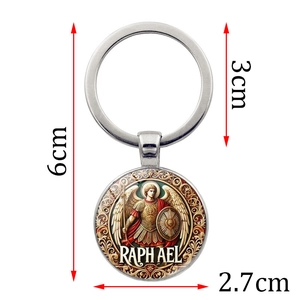 Archangel Raphael metal keychain with 27mm religious glass dome charm and 6cm total length