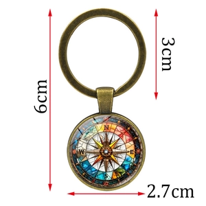 Vintage bronze compass keychain with colorful mosaic glass cabochon pendant