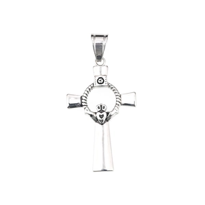 Silver Claddagh Cross necklace featuring Celtic knots and triskele symbols on a white background