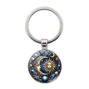 Vintage Sun And Moon Celestial Keychain Metal Zinc Alloy Glass Cabochon Retro Astrology Tarot Keychain For Women Men Gift