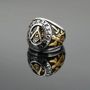 Vintage Men Stainless Steel Ring Gold Silver Two Tone Relief Masonic Symbol Signet Ring For Men Retro Jewelry Gifts