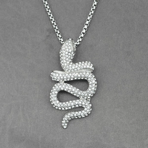 Sparkling silver rattlesnake pendant necklace with white rhinestones on box chain