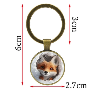 Antique bronze fox in snow pendant keychain with 3cm ring and 2.7cm circular charm