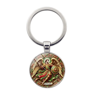 Porte-clés Archange Raphaël Vintage en Alliage de Métal avec Dôme en Verre Pendentif Religieux Anneau de Clé Charme
